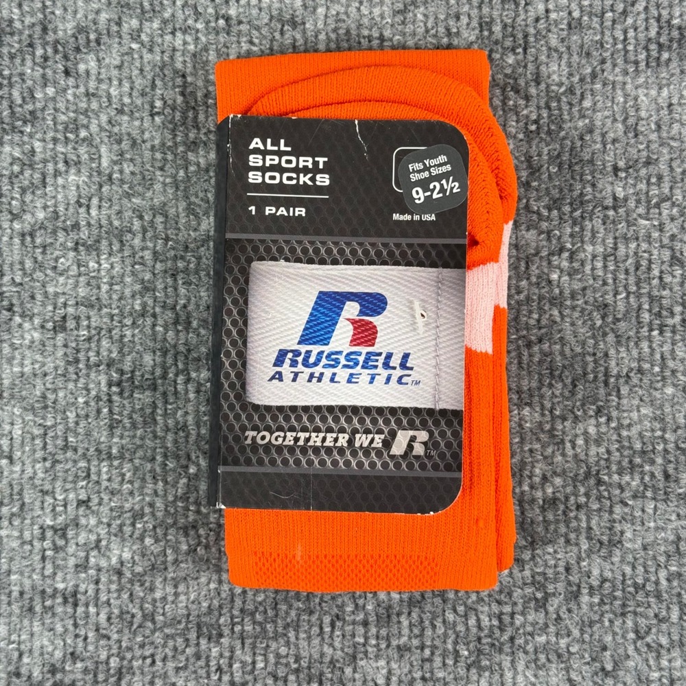 Russell Athletic‎ Socks Kids Youth Shoe Size 9-2.5 All Sport Orange Baseball New